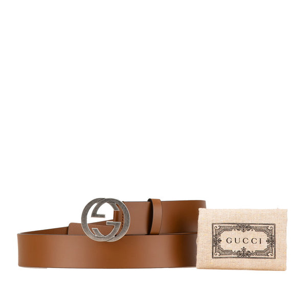 グッチ インターロッキングG ベルト 95/38 546389 ブラウン シルバー レザー メンズ GUCCI 【中古】