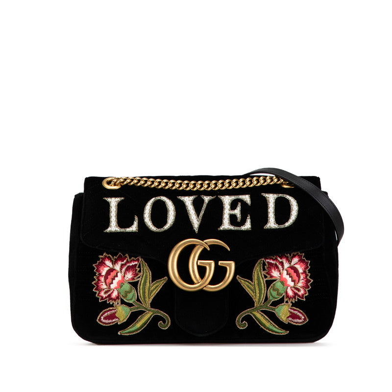 グッチ GGマーモント ベルベット ミディアム LOVED 刺繍 チェーン ショルダーバッグ 443496 ブラック ベロア レザー レディース GUCCI 【中古】