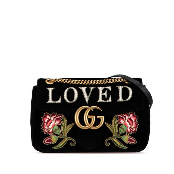 グッチ GGマーモント ベルベット ミディアム LOVED 刺繍 チェーン ショルダーバッグ 443496 ブラック ベロア レザー レディース GUCCI 【中古】