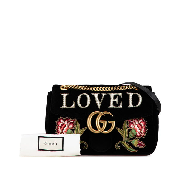 グッチ GGマーモント ベルベット ミディアム LOVED 刺繍 チェーン ショルダーバッグ 443496 ブラック ベロア レザー レディース GUCCI 【中古】