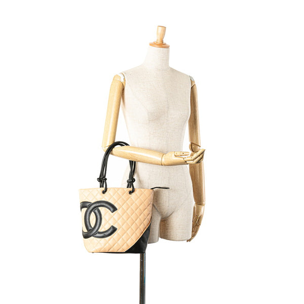 シャネル カンボンライン ハンドバッグ トートバッグ ベージュ ブラック ラムスキン レディース CHANEL 【中古】
