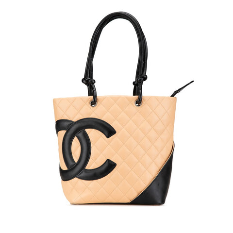 シャネル カンボンライン ハンドバッグ トートバッグ ベージュ ブラック ラムスキン レディース CHANEL 【中古】