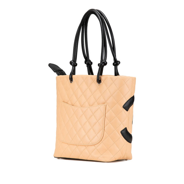 シャネル カンボンライン ハンドバッグ トートバッグ ベージュ ブラック ラムスキン レディース CHANEL 【中古】