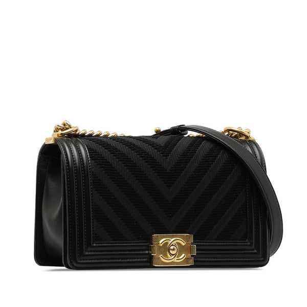 シャネル Vステッチ ボーイシャネル ココマーク チェーン ショルダーバッグ ブラック ゴールド キャンバス ラムスキン レディース CHANEL 【中古】