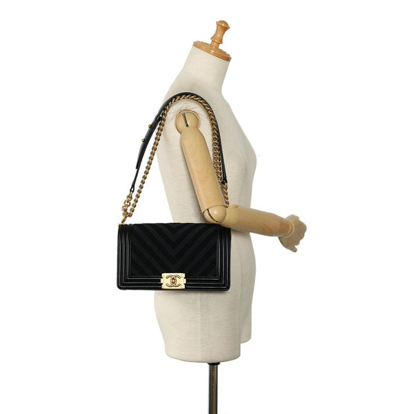 シャネル Vステッチ ボーイシャネル ココマーク チェーン ショルダーバッグ ブラック ゴールド キャンバス ラムスキン レディース CHANEL 【中古】