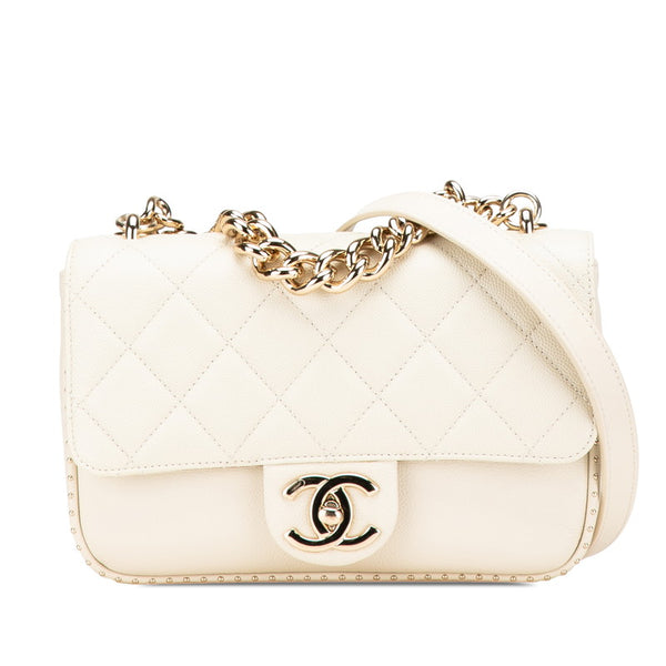 シャネル マトラッセ ココマーク スタッズ チェーン ショルダーバッグ ホワイト キャビアスキン レディース CHANEL 【中古】