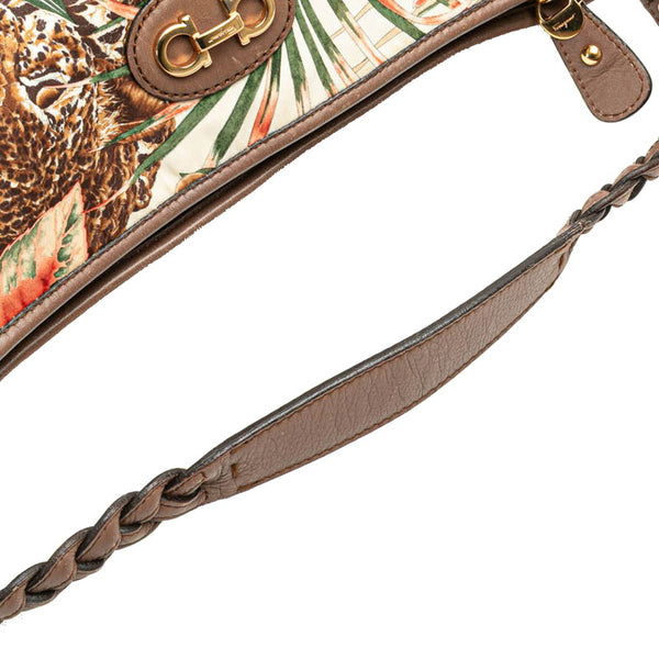 サルヴァトーレフェラガモ ガンチーニ ヒョウ ボタニカル ハンドバッグ AU-21 D152 ホワイト マルチカラー ナイロン レザー レディース Salvatore Ferragamo 【中古】