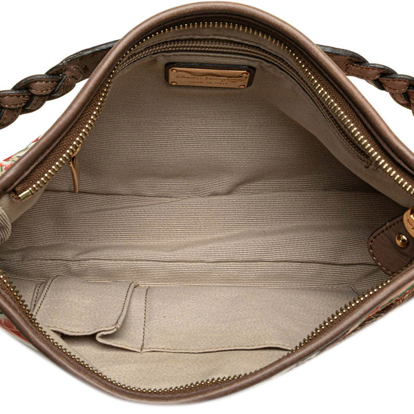 サルヴァトーレフェラガモ ガンチーニ ヒョウ ボタニカル ハンドバッグ AU-21 D152 ホワイト マルチカラー ナイロン レザー レディース Salvatore Ferragamo 【中古】