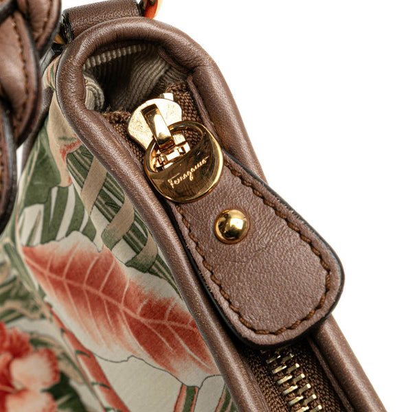 サルヴァトーレフェラガモ ガンチーニ ヒョウ ボタニカル ハンドバッグ AU-21 D152 ホワイト マルチカラー ナイロン レザー レディース Salvatore Ferragamo 【中古】