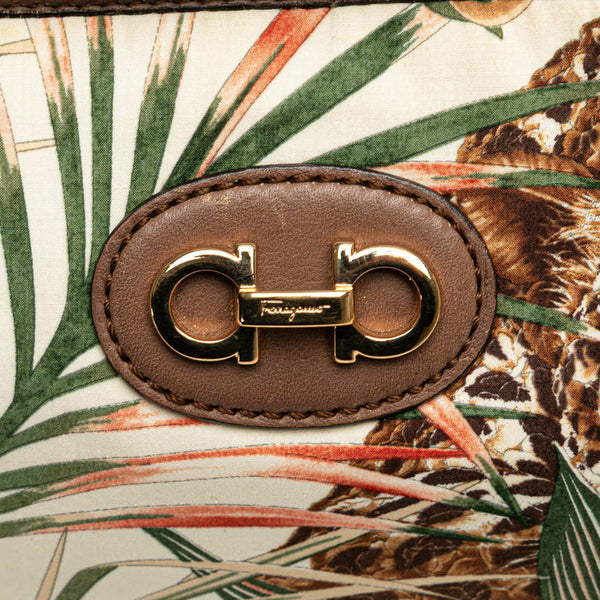 サルヴァトーレフェラガモ ガンチーニ ヒョウ ボタニカル ハンドバッグ AU-21 D152 ホワイト マルチカラー ナイロン レザー レディース Salvatore Ferragamo 【中古】