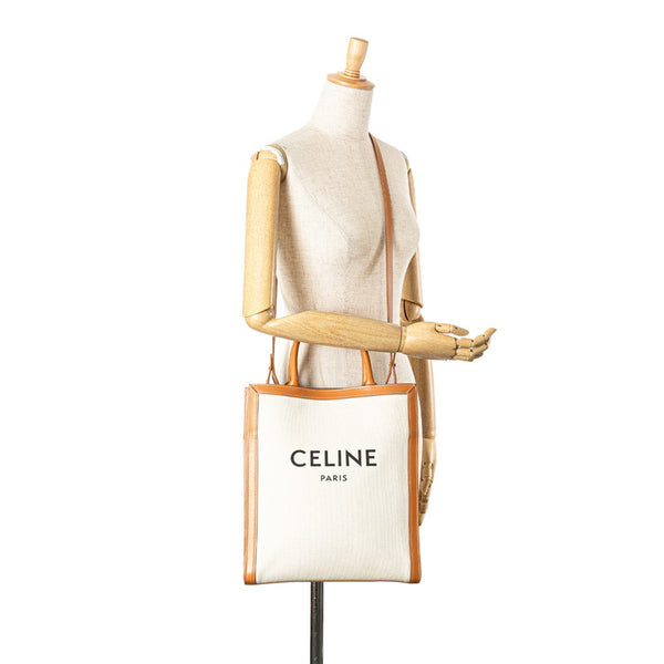 セリーヌ バーティカルカバ スモール トートバッグ ショルダーバッグ 2WAY ホワイト ブラウン キャンバス レザー レディース CELINE 【中古】