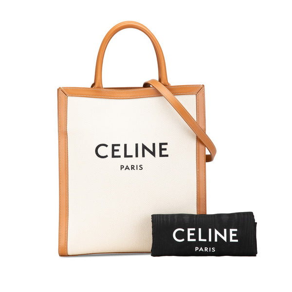 セリーヌ バーティカルカバ スモール トートバッグ ショルダーバッグ 2WAY ホワイト ブラウン キャンバス レザー レディース CELINE 【中古】