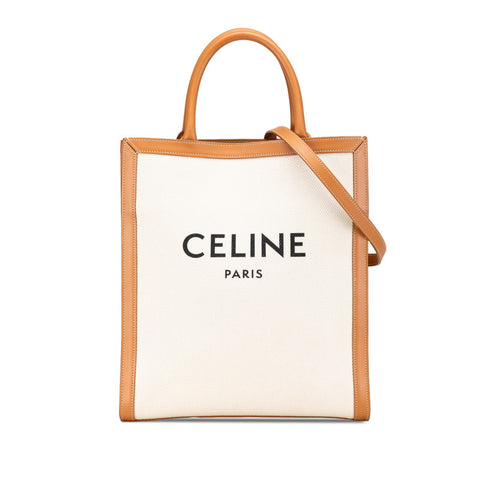 セリーヌ バーティカルカバ スモール トートバッグ ショルダーバッグ 2WAY ホワイト ブラウン キャンバス レザー レディース CELINE 【中古】