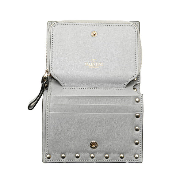 ヴァレンティノ ロックスタッズ ラウンドファスナー 二つ折り財布 グレー レザー レディース VALENTINO 【中古】