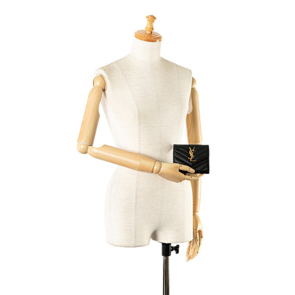 サンローラン YSL モノグラム スリーフォールド 二つ折り財布 コンパクトウォレット ブラック ゴールド レザー レディース SAINT LAURENT 【中古】