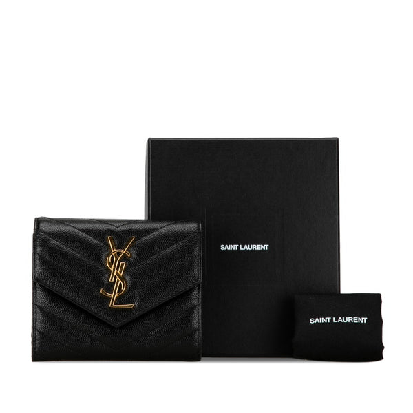 サンローラン YSL モノグラム スリーフォールド 二つ折り財布 コンパクトウォレット ブラック ゴールド レザー レディース SAINT LAURENT 【中古】