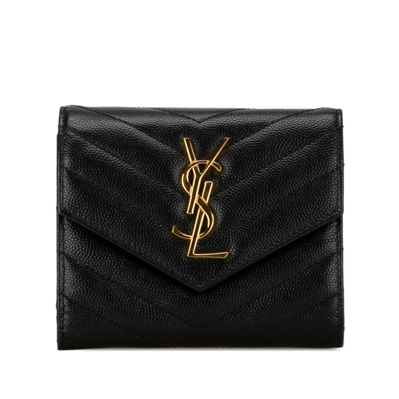 サンローラン YSL モノグラム スリーフォールド 二つ折り財布 コンパクトウォレット ブラック ゴールド レザー レディース SAINT LAURENT 【中古】