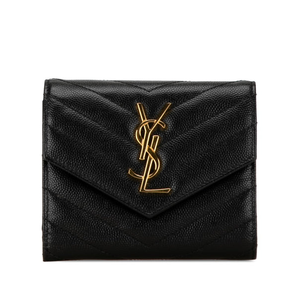 サンローラン YSL モノグラム スリーフォールド 二つ折り財布 コンパクトウォレット ブラック ゴールド レザー レディース SAINT LAURENT 【中古】