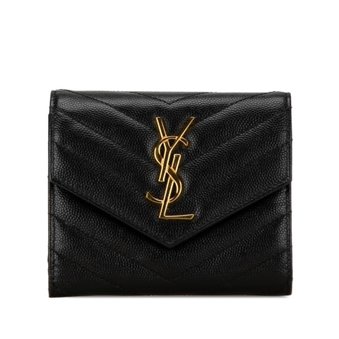サンローラン YSL モノグラム スリーフォールド 二つ折り財布 コンパクトウォレット ブラック ゴールド レザー レディース SAINT LAURENT 【中古】