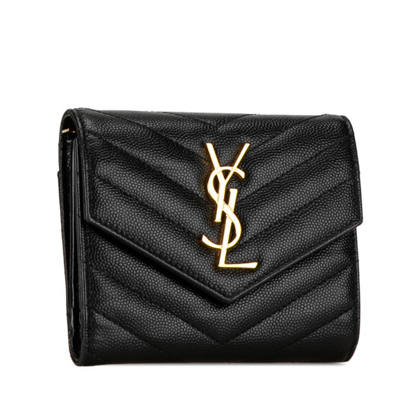 サンローラン YSL モノグラム スリーフォールド 二つ折り財布 コンパクトウォレット ブラック ゴールド レザー レディース SAINT LAURENT 【中古】