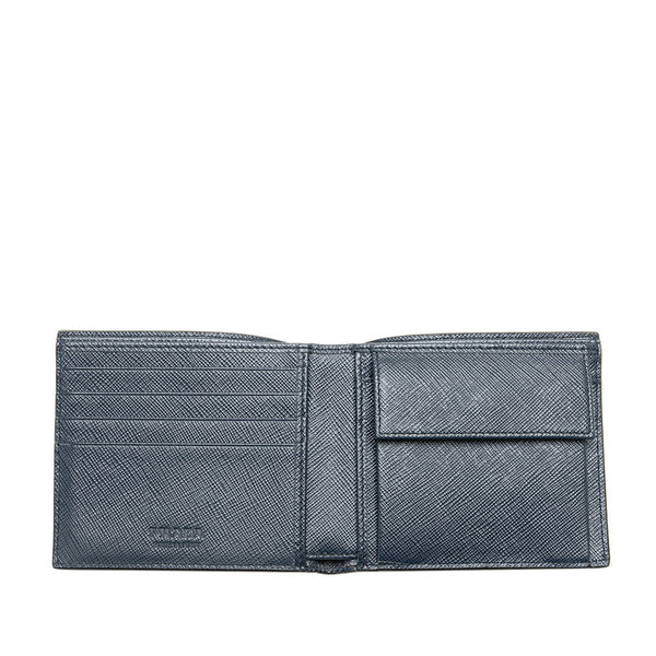 プラダ サフィアーノ 二つ折り財布 ブラック ネイビー レザー メンズ PRADA 【中古】