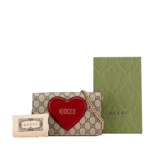 グッチ GGスプリーム ハート モチーフ チェーン ショルダーバッグ 648948 ブラウン レッド PVC レザー レディース GUCCI 【中古】