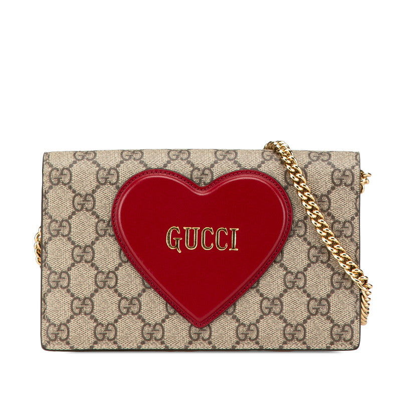 グッチ GGスプリーム ハート モチーフ チェーン ショルダーバッグ 648948 ブラウン レッド PVC レザー レディース GUCCI 【中古】