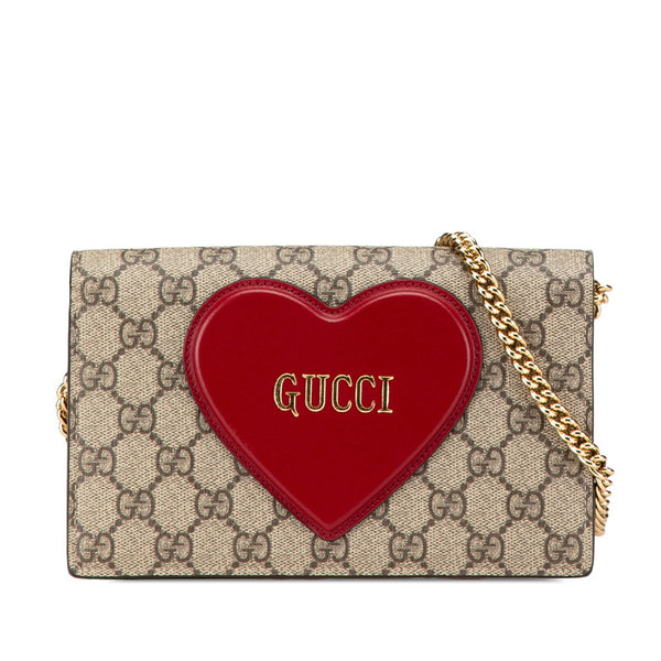 グッチ GGスプリーム ハート モチーフ チェーン ショルダーバッグ 648948 ブラウン レッド PVC レザー レディース GUCCI 【中古】