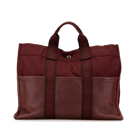 エルメス フールトゥ トートMM トートバッグ ワインレッド キャンバス レザー レディース HERMES 【中古】