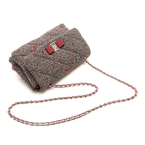 サルヴァトーレフェラガモ ヴァラリボン 斜め掛け チェーン ショルダーバッグ ブラック ボルドー グレー ツイード レザー レディース Salvatore Ferragamo 【中古】