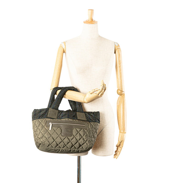 シャネル コココクーン チェック ハンドバッグ トートバッグ カーキグリーン ナイロン レザー レディース CHANEL 【中古】