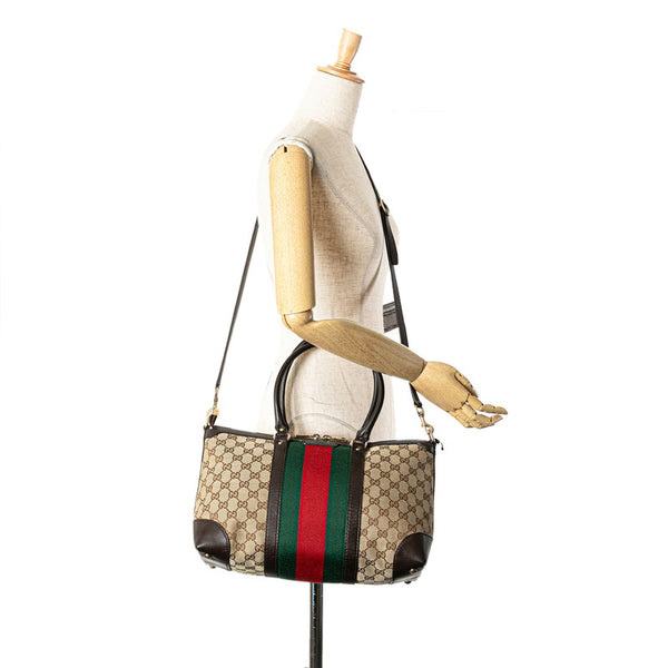 グッチ GGキャンバス シェリーライン ハンドバッグ ショルダーバッグ 2WAY 257341 ベージュ ブラウン キャンバス レザー レディース GUCCI 【中古】