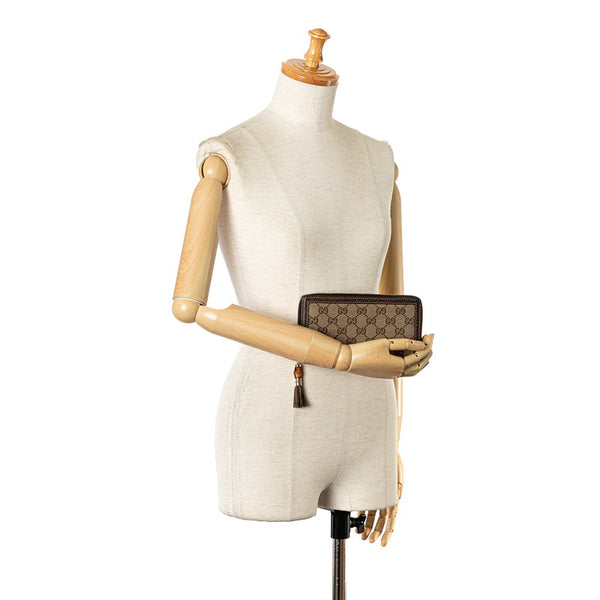 グッチ GGキャンバス バンブー タッセル ラウンドファスナー 長財布 224253 ブラウン ベージュ キャンバス レザー レディース GUCCI 【中古】