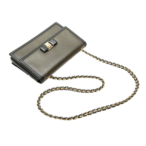 サルヴァトーレフェラガモ ヴァラ リボン ストライプ チェーン ショルダーバッグ ブラック ゴールド PVC レディース Salvatore Ferragamo 【中古】