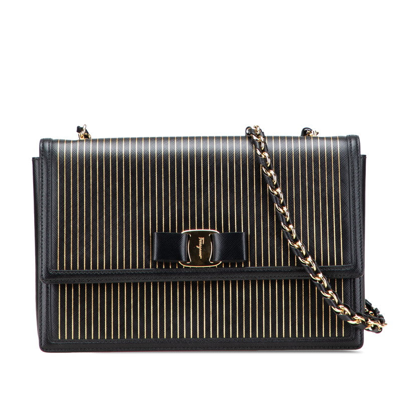 サルヴァトーレフェラガモ ヴァラ リボン ストライプ チェーン ショルダーバッグ ブラック ゴールド PVC レディース Salvatore Ferragamo 【中古】