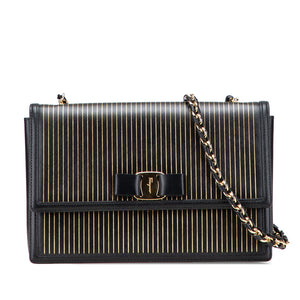 サルヴァトーレフェラガモ ヴァラ リボン ストライプ チェーン ショルダーバッグ ブラック ゴールド PVC レディース Salvatore Ferragamo 【中古】
