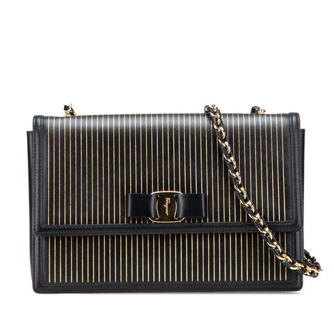 サルヴァトーレフェラガモ ヴァラ リボン ストライプ チェーン ショルダーバッグ ブラック ゴールド PVC レディース Salvatore Ferragamo 【中古】