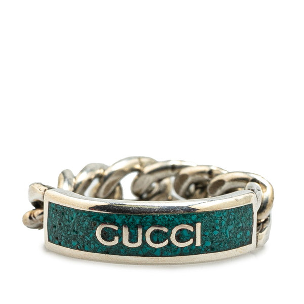 グッチ ゴルメットチェーン ロゴプレート リング 指輪 #26 ターコイズブルー SV925 シルバー エナメル メンズ GUCCI 【中古】