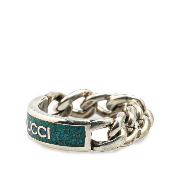 グッチ ゴルメットチェーン ロゴプレート リング 指輪 #26 ターコイズブルー SV925 シルバー エナメル メンズ GUCCI 【中古】