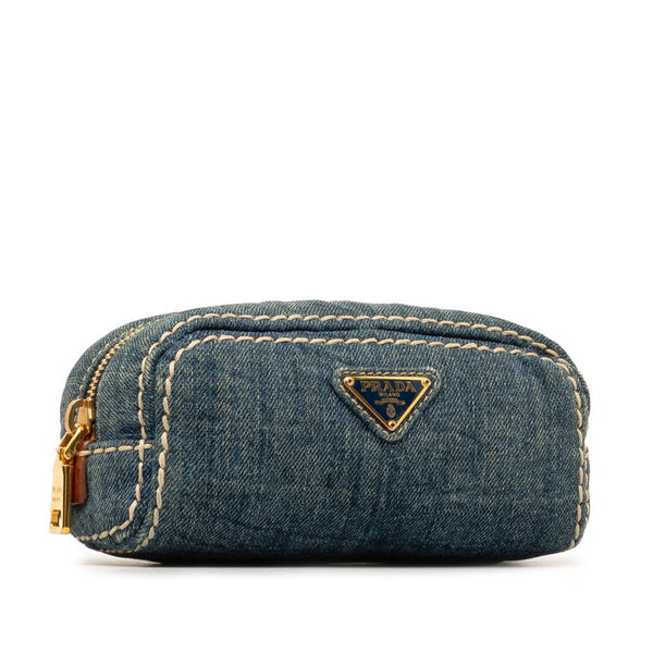 プラダ 三角ロゴプレート ポーチ インディゴブルー デニム レザー レディース PRADA 【中古】