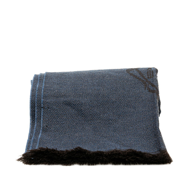 グッチ エンブレム クレスト ヘリンボン マフラー 08.338.986 ブルー ブラウン ウール レディース GUCCI 【中古】