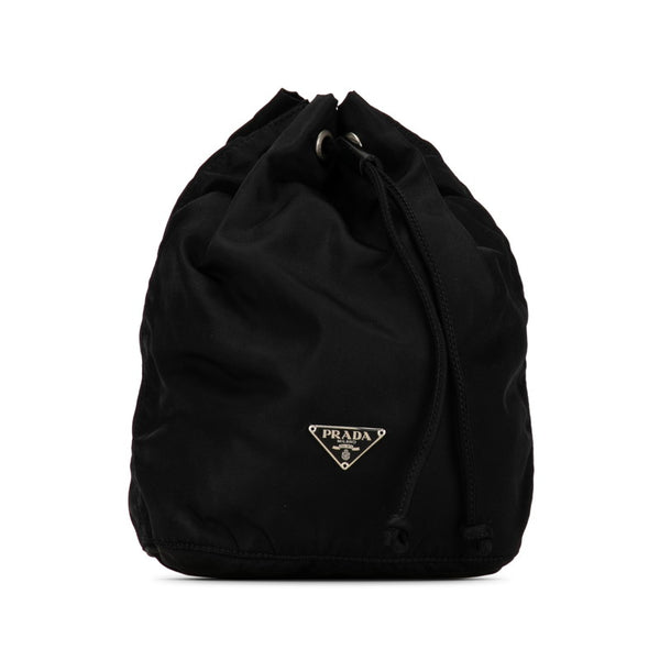 プラダ 三角ロゴプレート 巾着バッグ ポーチ ブラック ナイロン レザー レディース PRADA 【中古】