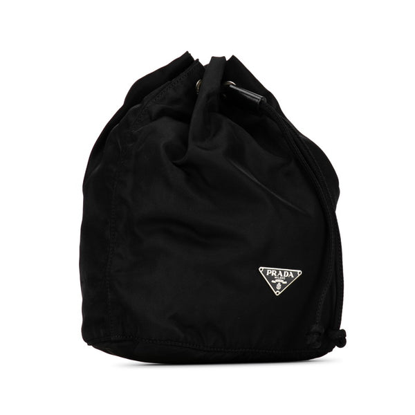 プラダ 三角ロゴプレート 巾着バッグ ポーチ ブラック ナイロン レザー レディース PRADA 【中古】