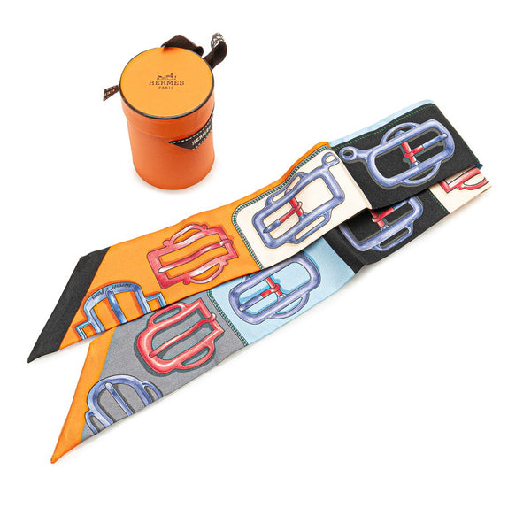 エルメス ツイリー Attelage アトラージュのバックル スカーフ オレンジ マルチカラー シルク レディース HERMES 【中古】