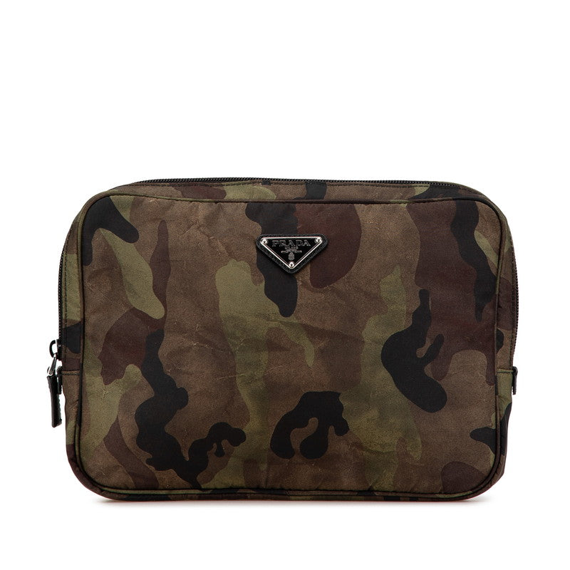 プラダ カモフラージュ 三角ロゴプレート クラッチバッグ セカンドバッグ グリーン カーキ ナイロン レザー レディース PRADA 【中古】