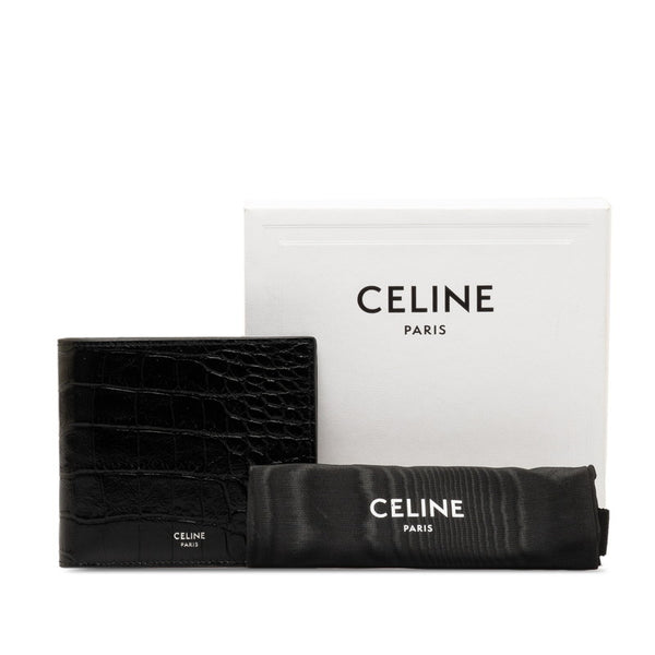 セリーヌ クロコ型押し バイフォールドウォレット 二つ折り財布 ブラック エナメル レディース CELINE 【中古】