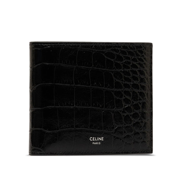セリーヌ クロコ型押し バイフォールドウォレット 二つ折り財布 ブラック エナメル レディース CELINE 【中古】