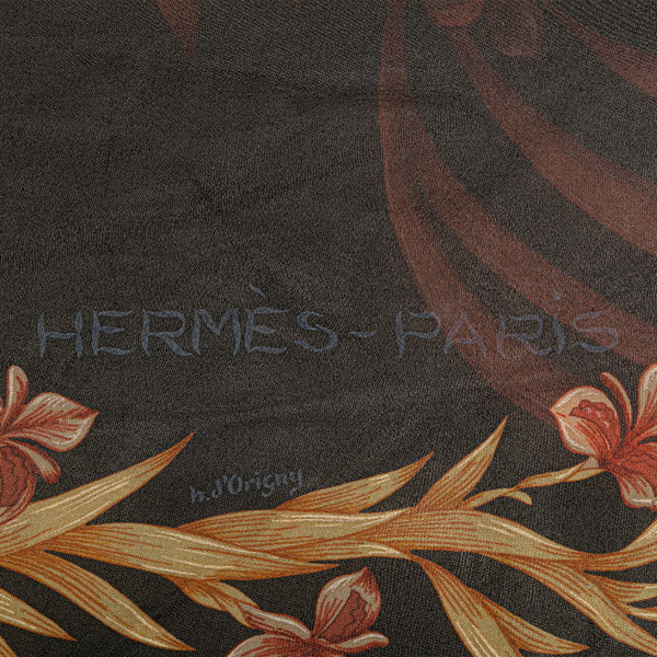 エルメス カレ140 フラワー 花 スカーフ ブラック マルチカラー シルク レディース HERMES 【中古】