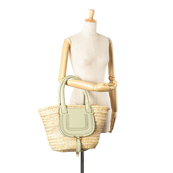 クロエ マーシー ミディアム トートバッグ かごバッグ ベージュ グリーン ラフィア レザー レディース Chloe 【中古】