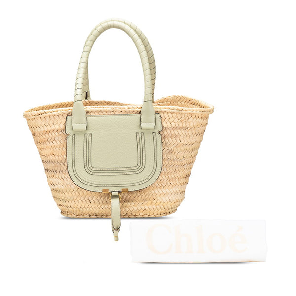クロエ マーシー ミディアム トートバッグ かごバッグ ベージュ グリーン ラフィア レザー レディース Chloe 【中古】